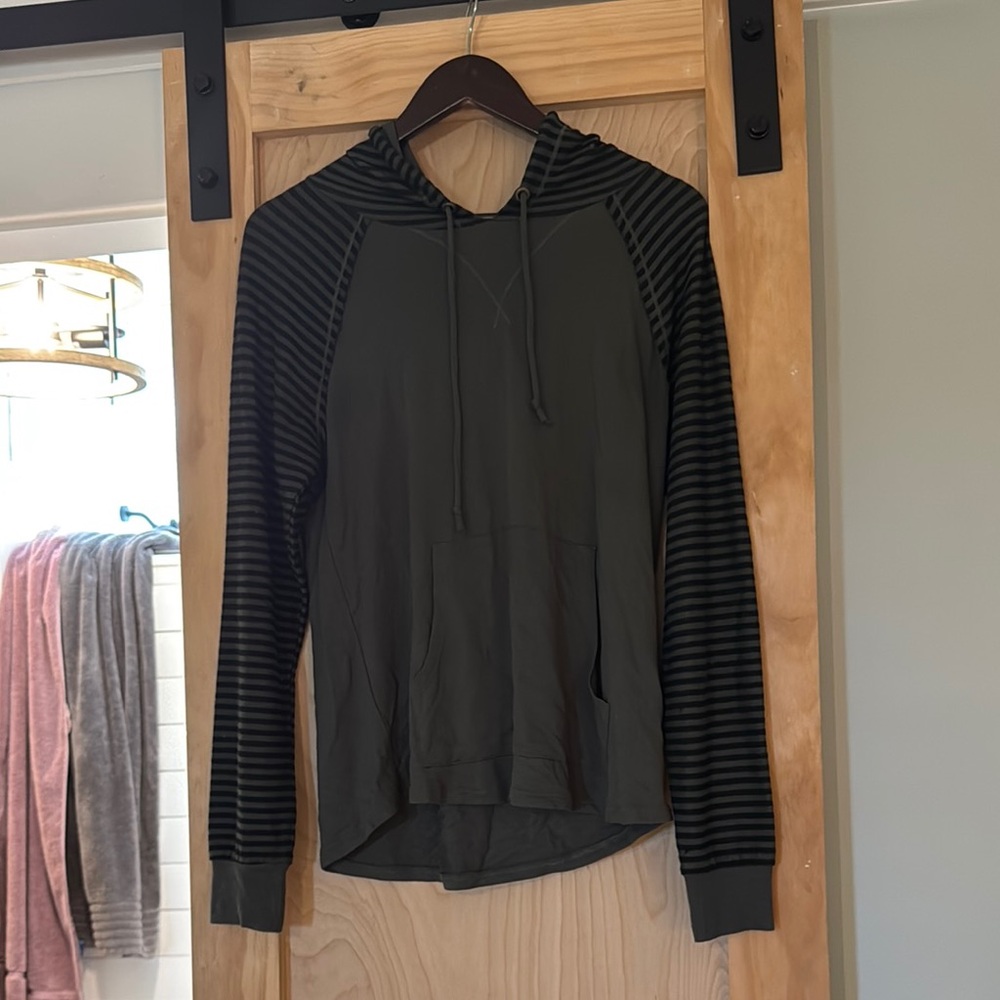 Black and Army Green Hooded Striped Sleeve Blouse